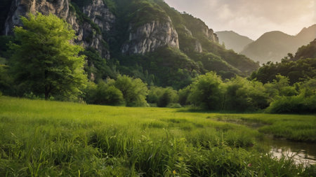 Mountain landscape with green meadow and forest in the morning.の写真素材