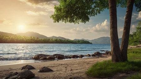 Beautiful summer landscape with a lake and trees in the foreground.の写真素材