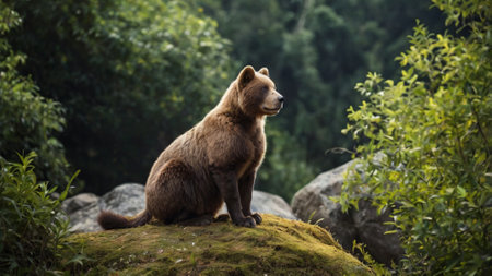 Brown bear sitting on a rock in the forest. Wildlife scene from nature.の写真素材