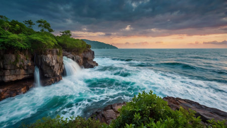 Panoramic view of beautiful waterfall at sunset on the island of Koh Samui, Thailandの写真素材