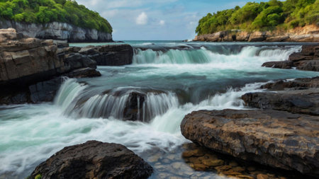 Long exposure of a waterfall flowing over rocks on a tropical beach.の写真素材