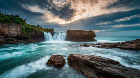 Long exposure of a waterfall in the Indian Ocean, Sri Lanka.の写真素材