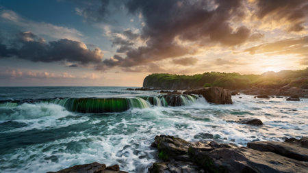 Panoramic view of a waterfall on the seashore at sunsetの写真素材
