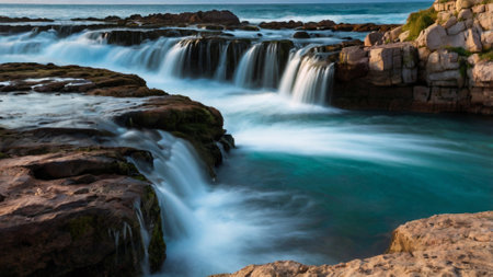 Long exposure of a waterfall flowing over rocks at Cascais, Portugal