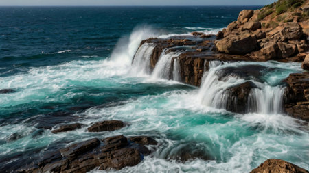 Beautiful view of a waterfall on the coast of the island of Sardiniaの写真素材