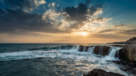 Sunset over the sea with a waterfall in the foreground. Long exposureの写真素材