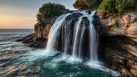 Panoramic view of the beautiful waterfall in Croatia. Long exposureの写真素材