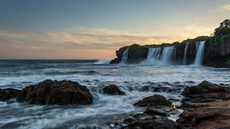 Scenic view of a waterfall at sunset. Long exposure shot.の写真素材