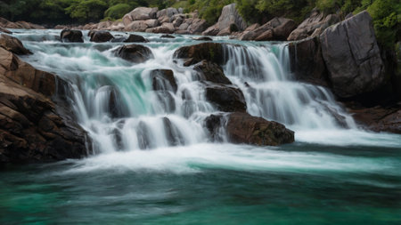 Long exposure of a waterfall flowing over rocks in the middle of a riverの写真素材