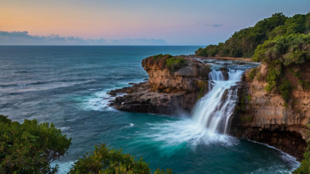Panoramic view of a waterfall at sunset, Bali, Indonesiaの写真素材