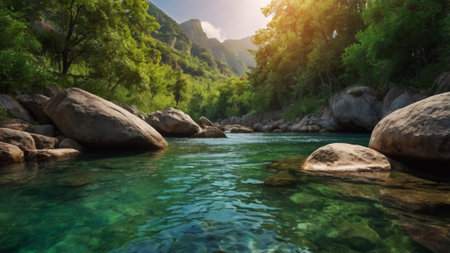 Beautiful landscape of mountain river with clear water and green forest.の写真素材