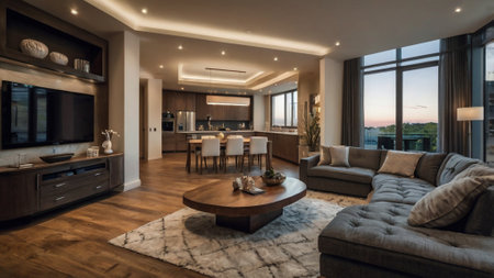 Interior of a modern living room with a panoramic viewの写真素材