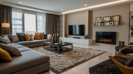 interior of modern living room with sofa, coffee table and fireplace