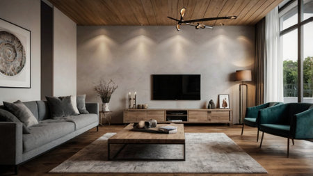 Modern living room interior design. 3d render illustration mock up.
