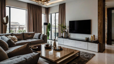 interior of modern living room with sofa and tv in luxury houseの写真素材