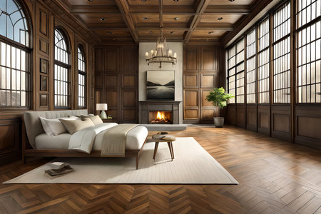 3d rendering luxury classic living room with wood wall and wooden floorの写真素材