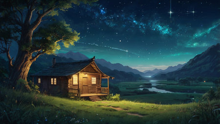 Beautiful fantasy landscape with old wooden house in the mountains at nightの写真素材
