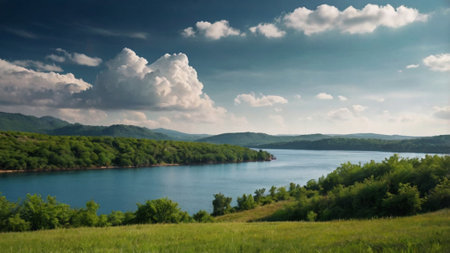 Beautiful summer landscape with lake and mountains in the background, panorama