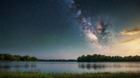 Milky way over lake and forest at night. Long exposure.の写真素材