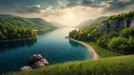 Beautiful summer landscape with river and mountains. Panoramic viewの写真素材