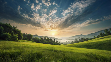Beautiful sunset in the mountains. Panoramic view of the meadow and forestの写真素材