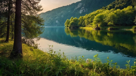 Panoramic view of the beautiful lake in the mountains at sunsetの写真素材