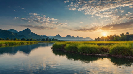 Landscape of rice field and river at sunset, Vang Vieng, Laos