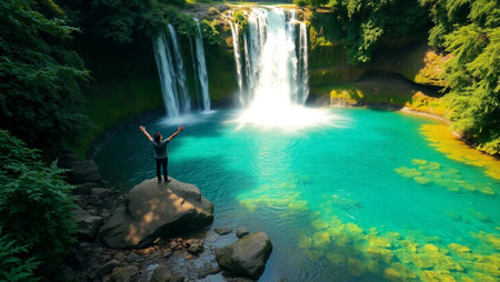 Woman standing on the edge of a cliff looking at a waterfall in the forest