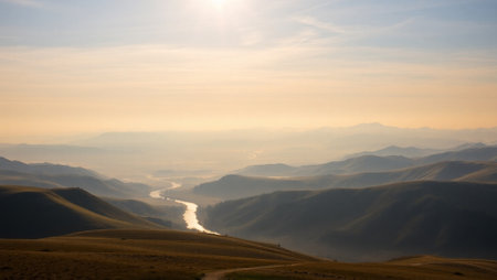Mountain landscape at sunset, Qinghai, China. View from the top of the mountain.