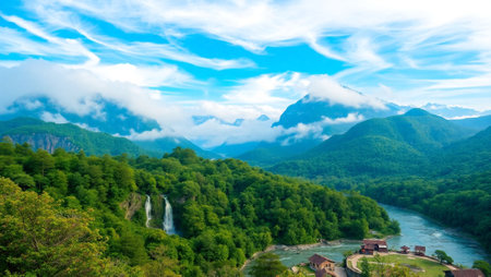 Beautiful panoramic view of the waterfall in the mountains.