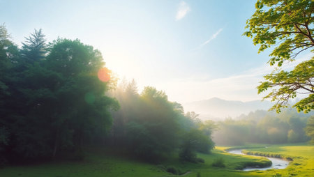Morning fog in the forest. Beautiful summer landscape with sunbeamsの写真素材