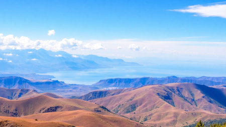 Beautiful landscape view of the mountains and the sea on a sunny day
