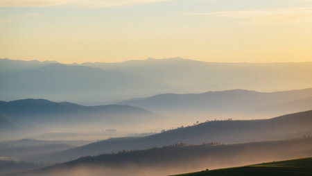 Misty morning in Tuscany, Italy. Panoramic viewの写真素材