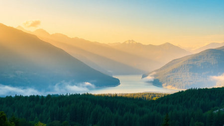 Mountain lake in the morning mist. Landscape with a view of the mountains.の写真素材