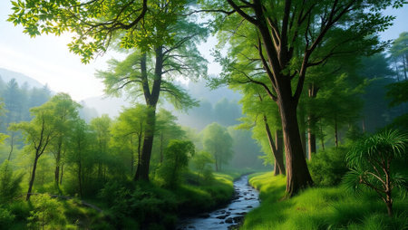 Beautiful spring landscape in the morning mist. Green forest and river