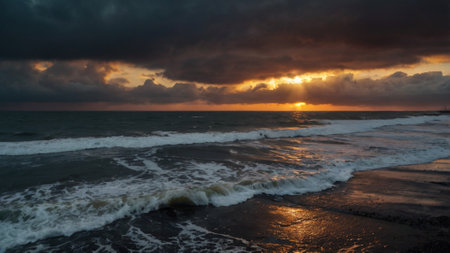 Beautiful sunset on the beach of the Baltic Sea in Poland.の写真素材