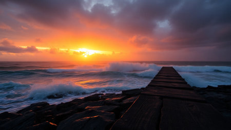 Sunset on the beach with a wooden jetty leading to the oceanの写真素材