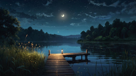 Fantasy landscape with a pier on the lake at night. 3d renderingの写真素材