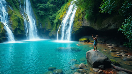 Woman standing on rock and looking at beautiful waterfall in deep forest.の写真素材