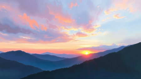 Beautiful sunset in the mountains. Panoramic view of the mountains.の写真素材