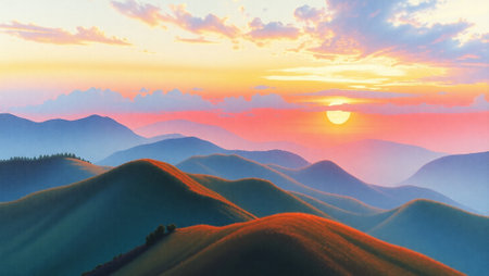 Mountain landscape. Sunrise over the hills. Digital painting illustration.の写真素材