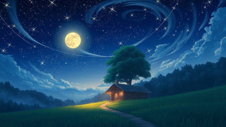 Fantasy landscape with wooden house in the meadow and moonlightの写真素材