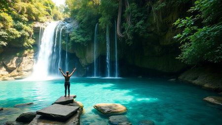 Woman standing at waterfall in deep forest at Erawan waterfall, Kanchanaburi, Thailandの写真素材