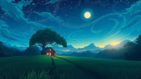 Fantasy landscape with a lonely house in the middle of a rice field.