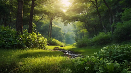 Morning in the forest. Beautiful nature scene with river and trees.