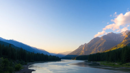 Sunset over the Bow River in Jasper National Park, Alberta, Canadaの写真素材