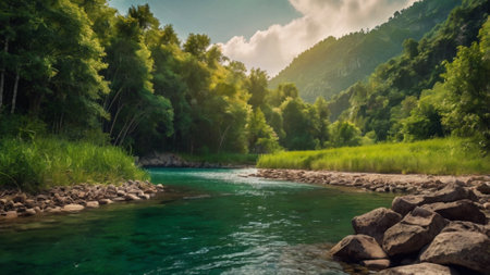 Mountain river landscape with green forest and blue sky. Panoramaの写真素材
