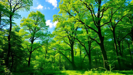 beautiful green forest background in sunny day. nature green wood sunlight backgrounds