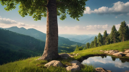 Beautiful summer landscape with a lake and trees in the mountains.の写真素材