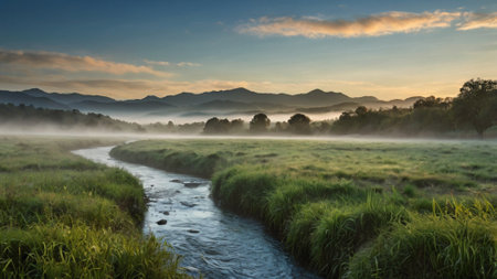 Beautiful landscape of the morning mist over the river and the mountainの写真素材